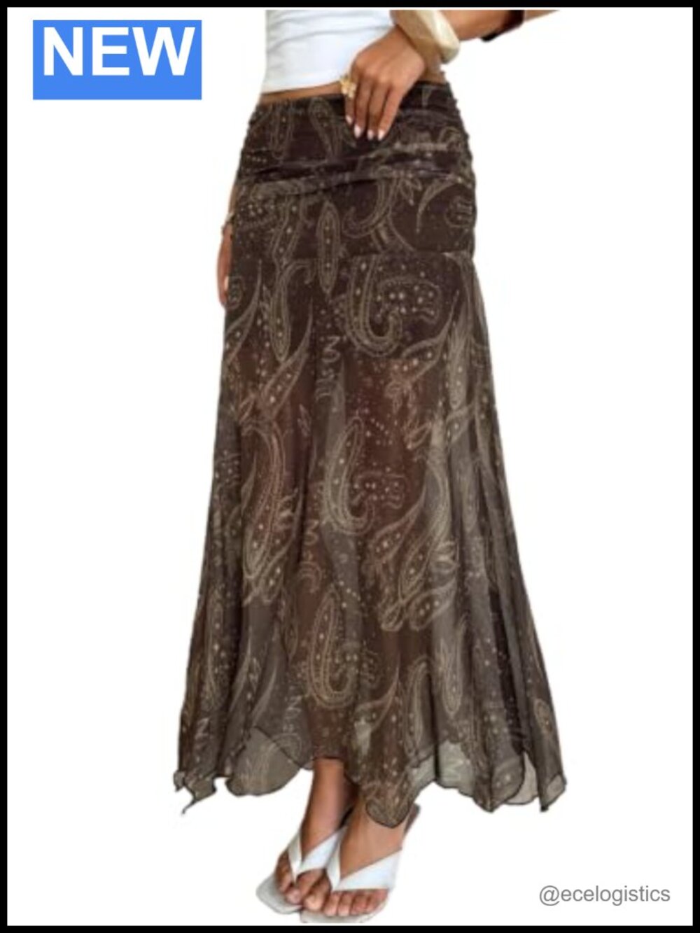 MakeMeChic Women's Boho Ruched Mesh Sheer Maxi Skirt Paisley Print Low Waisted